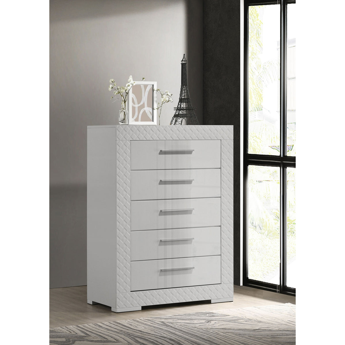 Pierce White High Gloss 5-drawer Bedroom Chest