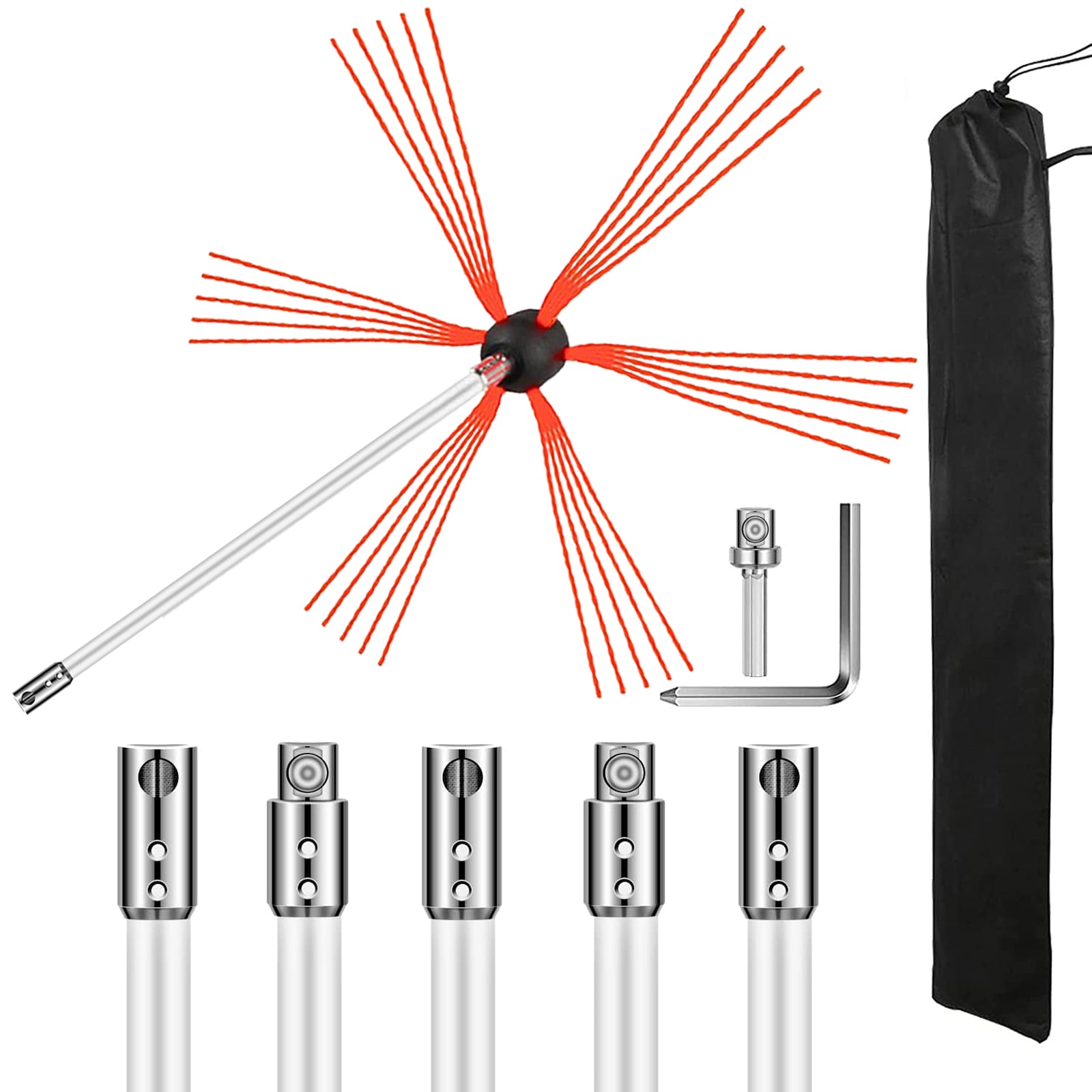 Chimney Sweep Kit 20FT Length, Chimney Brush Kit with 6 Nylon Flexible Rods, Rotary Chimney Cleaning Kit Driven by Drill, Chimney Cleaning Tool Kits for Sweeping Fireplace Flue