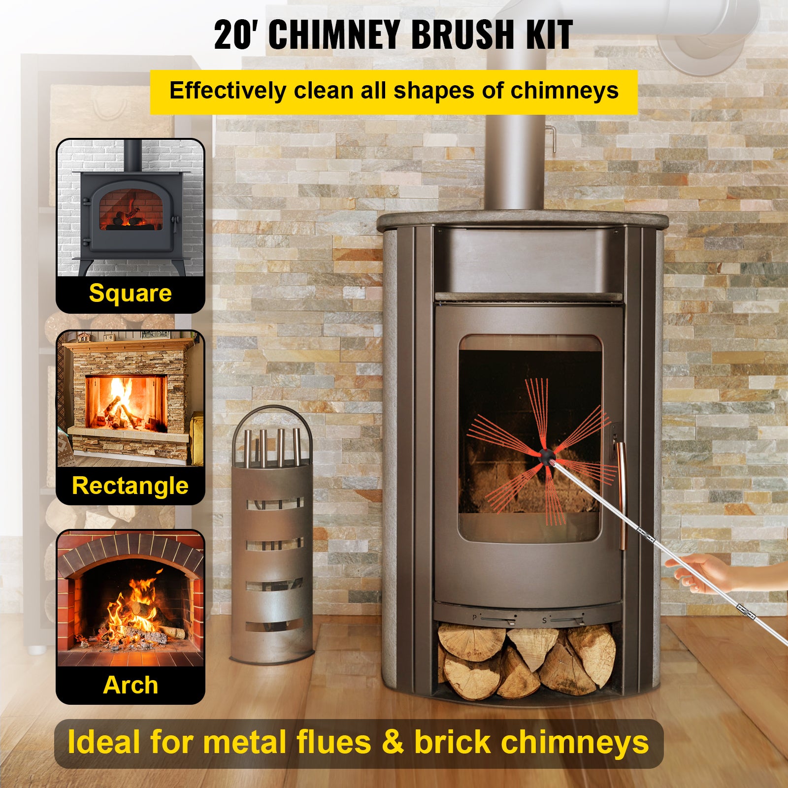 Chimney Sweep Kit 20FT Length, Chimney Brush Kit with 6 Nylon Flexible Rods, Rotary Chimney Cleaning Kit Driven by Drill, Chimney Cleaning Tool Kits for Sweeping Fireplace Flue