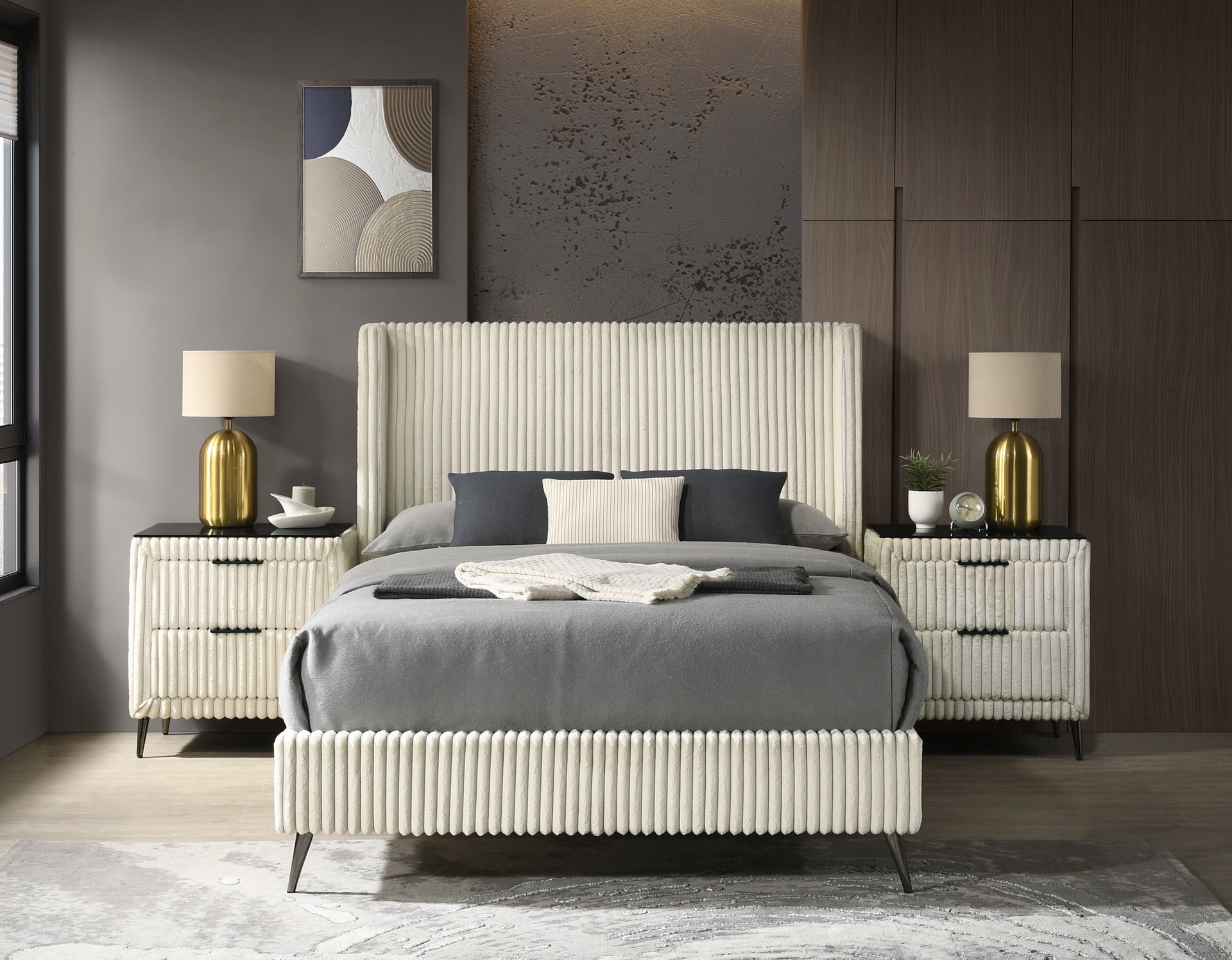 Mavela Wide Wale Corduroy Upholstery Panel Queen Bed with 2 Nightstands, Cream