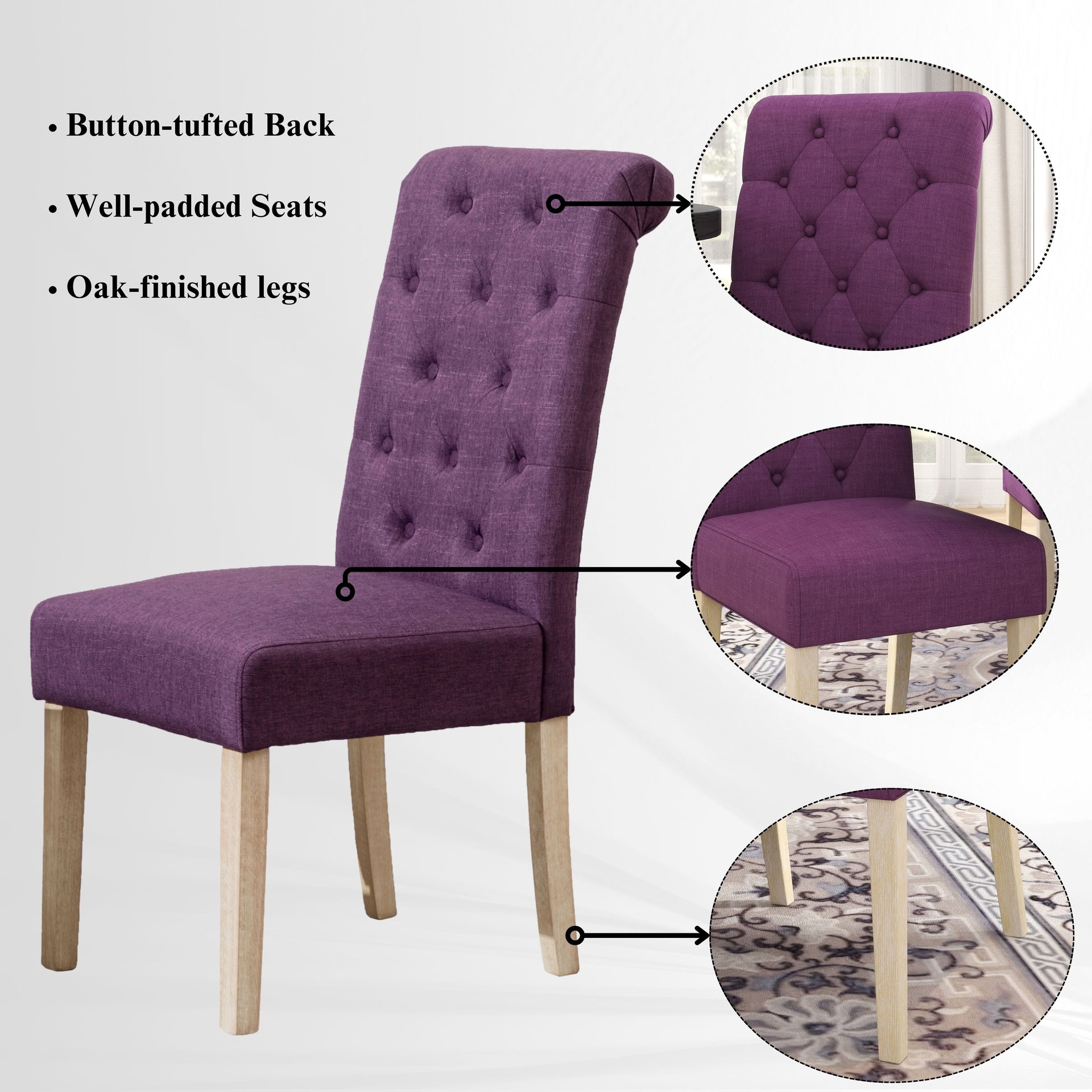 Banff 5-piece Dining Set, Cross-Buck Round Table with 4 Tufted Chairs, Purple