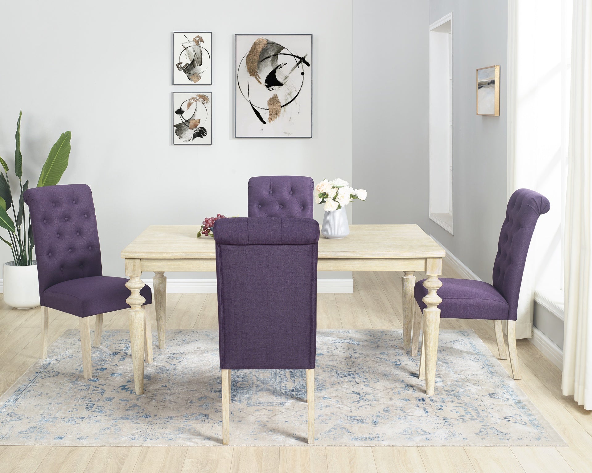 Amonia 5-piece Dining Set, Turned-Leg Dining Table with 4 Tufted Chairs