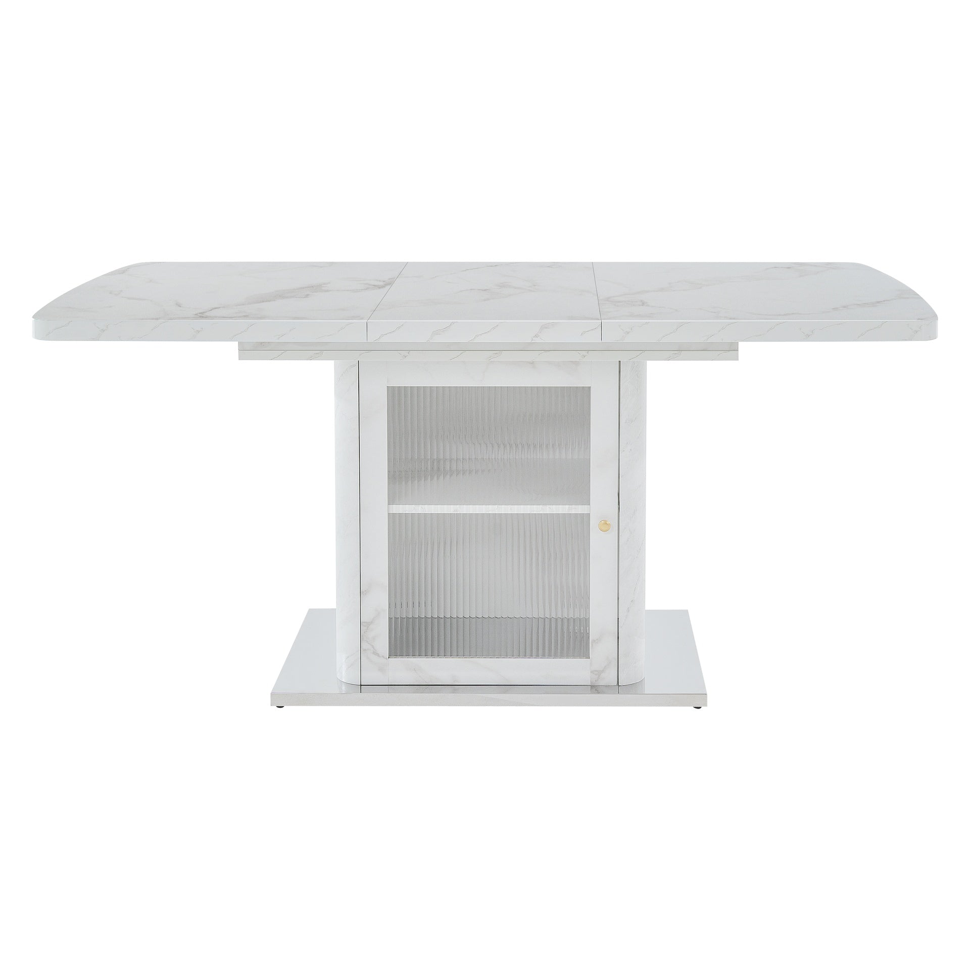 47.24"-63"Modern Rectangle Dining Table, Stretchable, with Printed White Marble Table Top+Storage Cabinet Table Leg with Metal Base