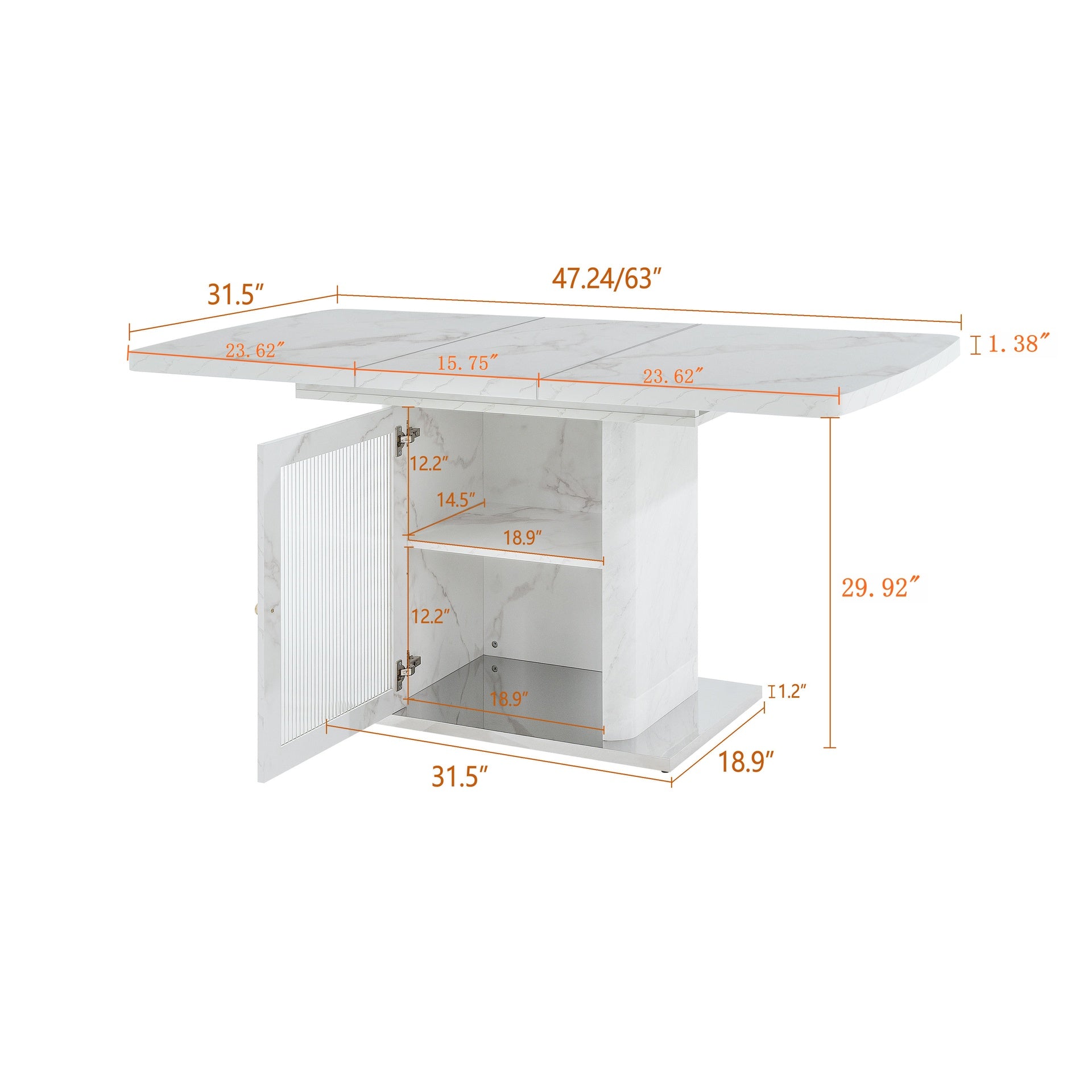 47.24"-63"Modern Rectangle Dining Table, Stretchable, with Printed White Marble Table Top+Storage Cabinet Table Leg with Metal Base