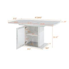 47.24"-63"Modern Rectangle Dining Table, Stretchable, with Printed White Marble Table Top+Storage Cabinet Table Leg with Metal Base