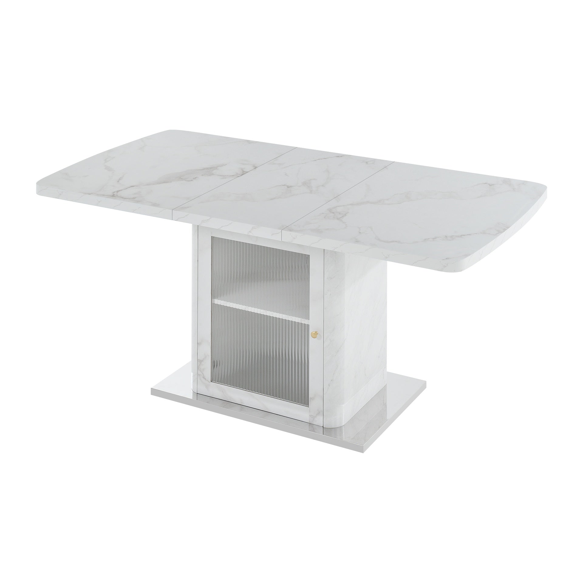 47.24"-63"Modern Rectangle Dining Table, Stretchable, with Printed White Marble Table Top+Storage Cabinet Table Leg with Metal Base