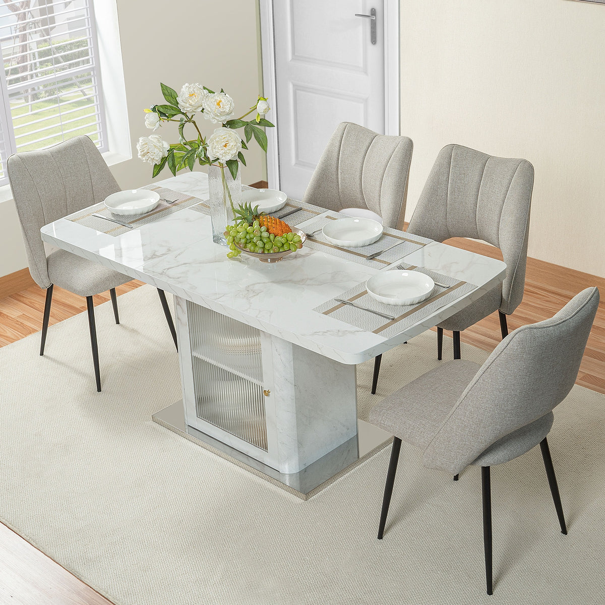 47.24"-63"Modern Rectangle Dining Table, Stretchable, with Printed White Marble Table Top+Storage Cabinet Table Leg with Metal Base