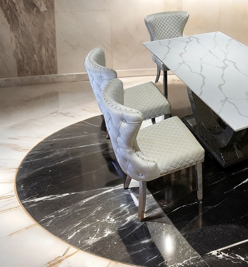 Glam Style 2pc Side Chair Silver Square Legs Diamond Pattern Nailhead Trim White Finish Dining Room