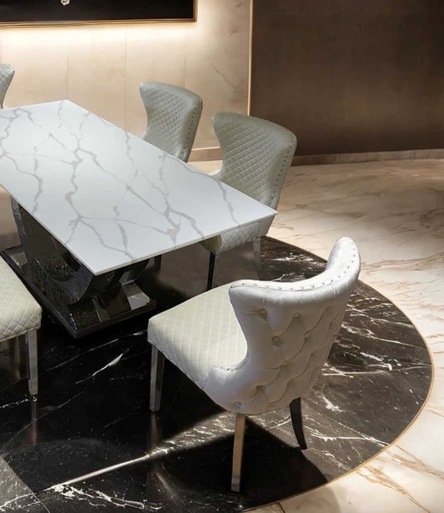 Glam Style 2pc Side Chair Silver Square Legs Diamond Pattern Nailhead Trim White Finish Dining Room
