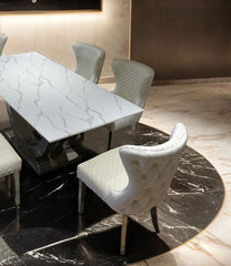 Glam Style 2pc Side Chair Silver Square Legs Diamond Pattern Nailhead Trim White Finish Dining Room