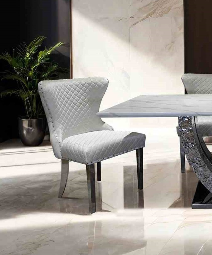 Glam Style 2pc Side Chair Silver Square Legs Diamond Pattern Nailhead Trim White Finish Dining Room
