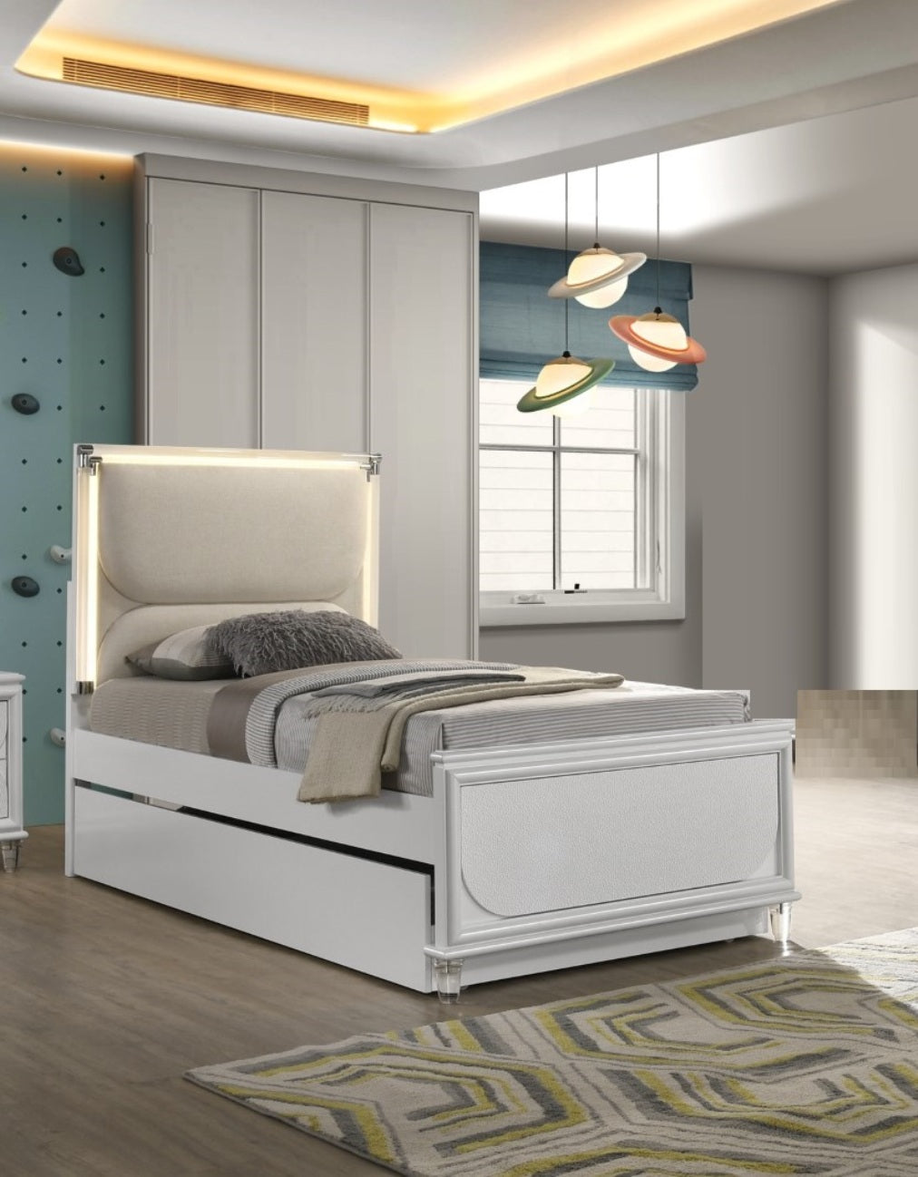 Contemporary Glam Pearl White Twin Size Bed Only LED Embossed Panel 1pc Bedframe Trundle Not Included.
