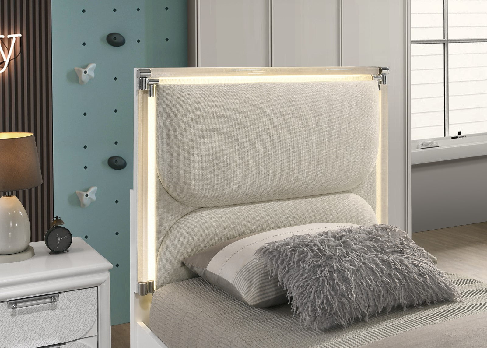 Contemporary Glam Pearl White Twin Size Bed Only LED Embossed Panel 1pc Bedframe Trundle Not Included.