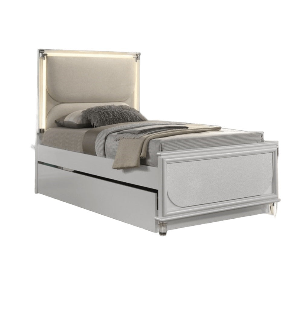 Contemporary Glam Pearl White Twin Size Bed Only LED Embossed Panel 1pc Bedframe Trundle Not Included.