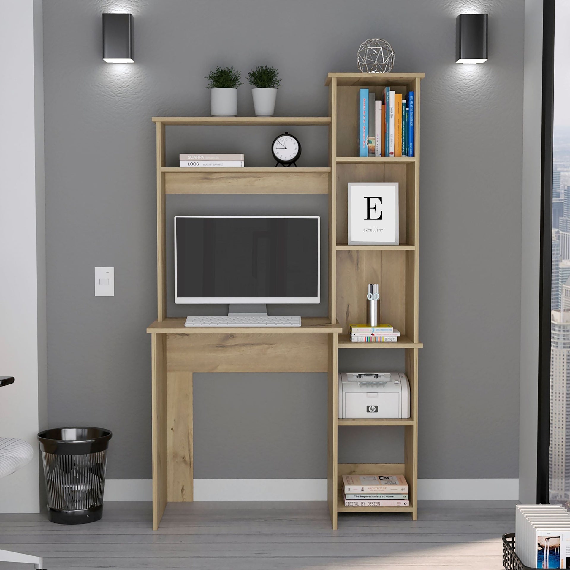 Light Oak 6-Shelf Writing Desk with Built-in Bookcase