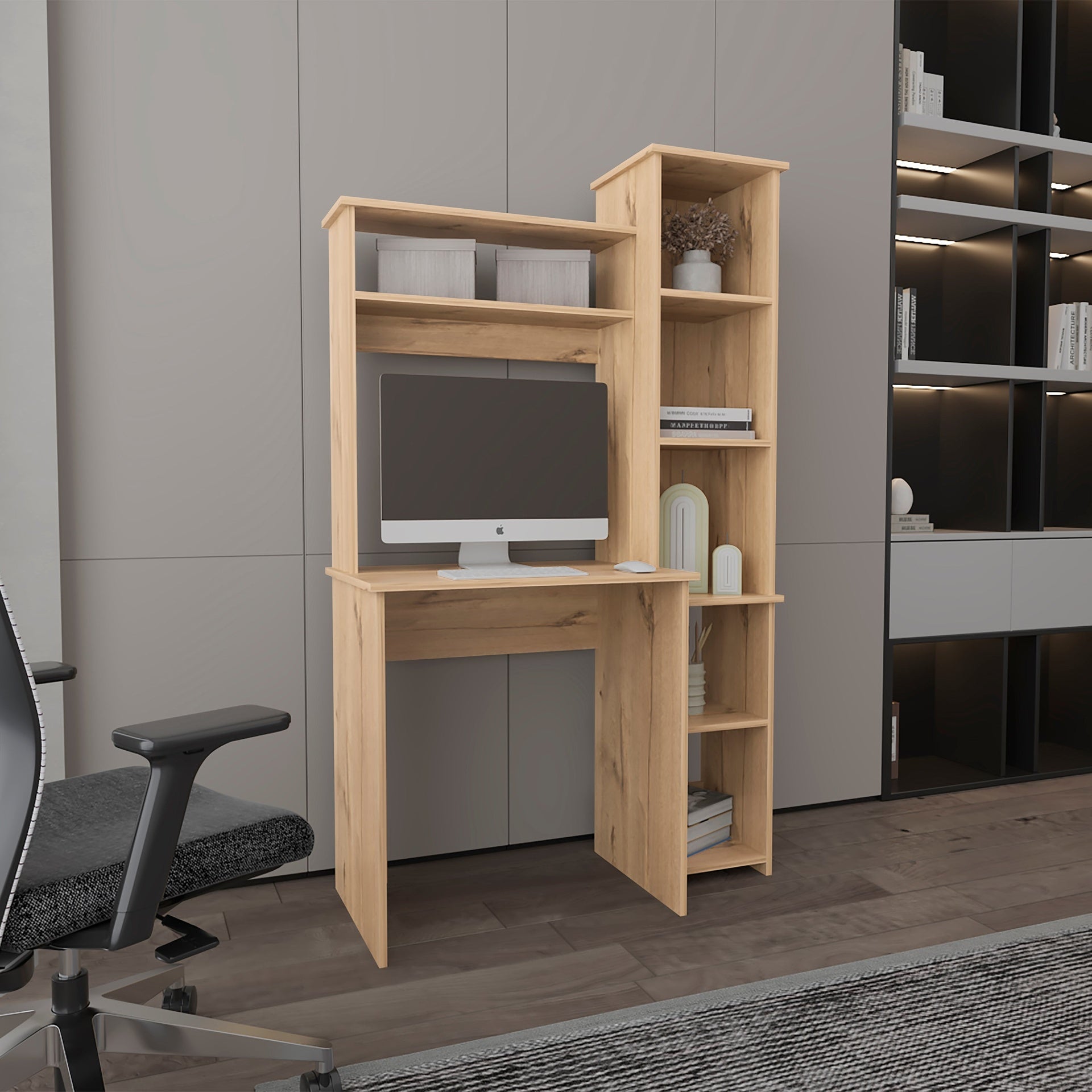 Light Oak 6-Shelf Writing Desk with Built-in Bookcase