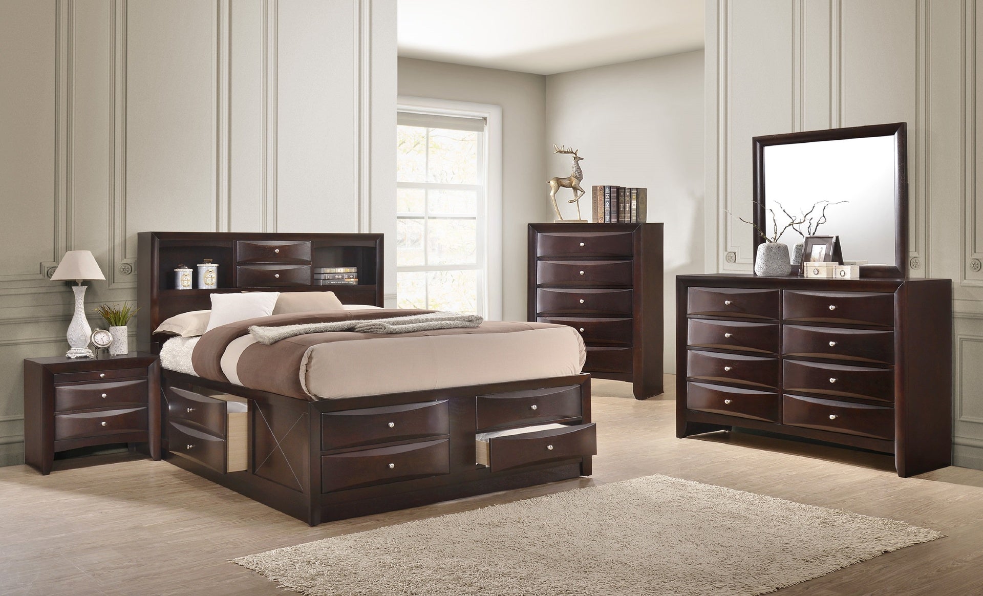 1pc Contemporary Queen Captain's Platform Bed Bookcase Shelves Headboard Side Storage Solid Wood Wooden Bedroom Furniture Cherry Finish