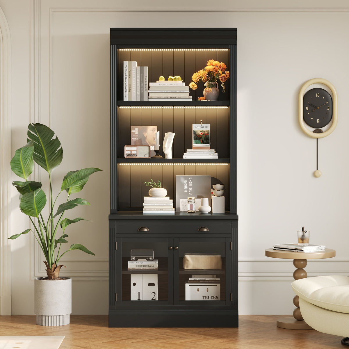 83.4"Tall Bookshelf with 3 pieces LED Lighting, Modern Bookcase with 2 Glass Doors and 1 Drawer,Storage Bookcase with Open Shelves for Living Room,Home Office,Black