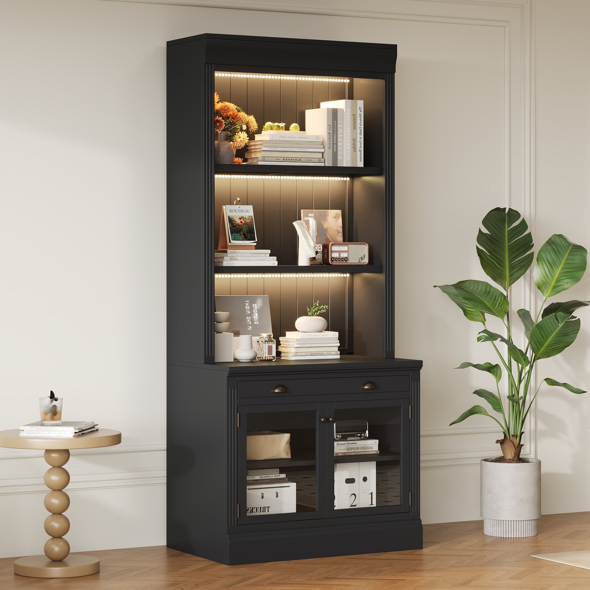 83.4"Tall Bookshelf with 3 pieces LED Lighting, Modern Bookcase with 2 Glass Doors and 1 Drawer,Storage Bookcase with Open Shelves for Living Room,Home Office,Black