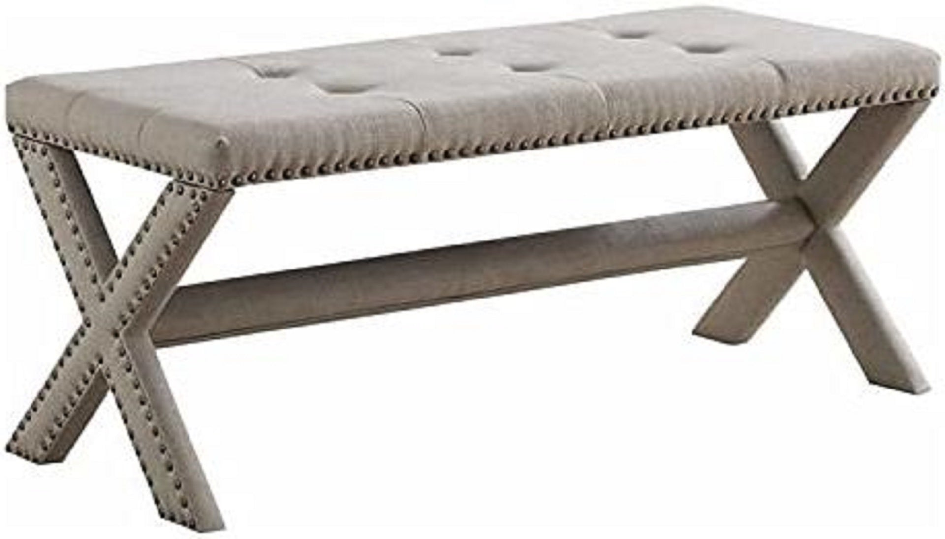 Glam Accent Bench with Nailhead Trim, Tufted Seat, Upholstered Bedroom Side Bench, Natural