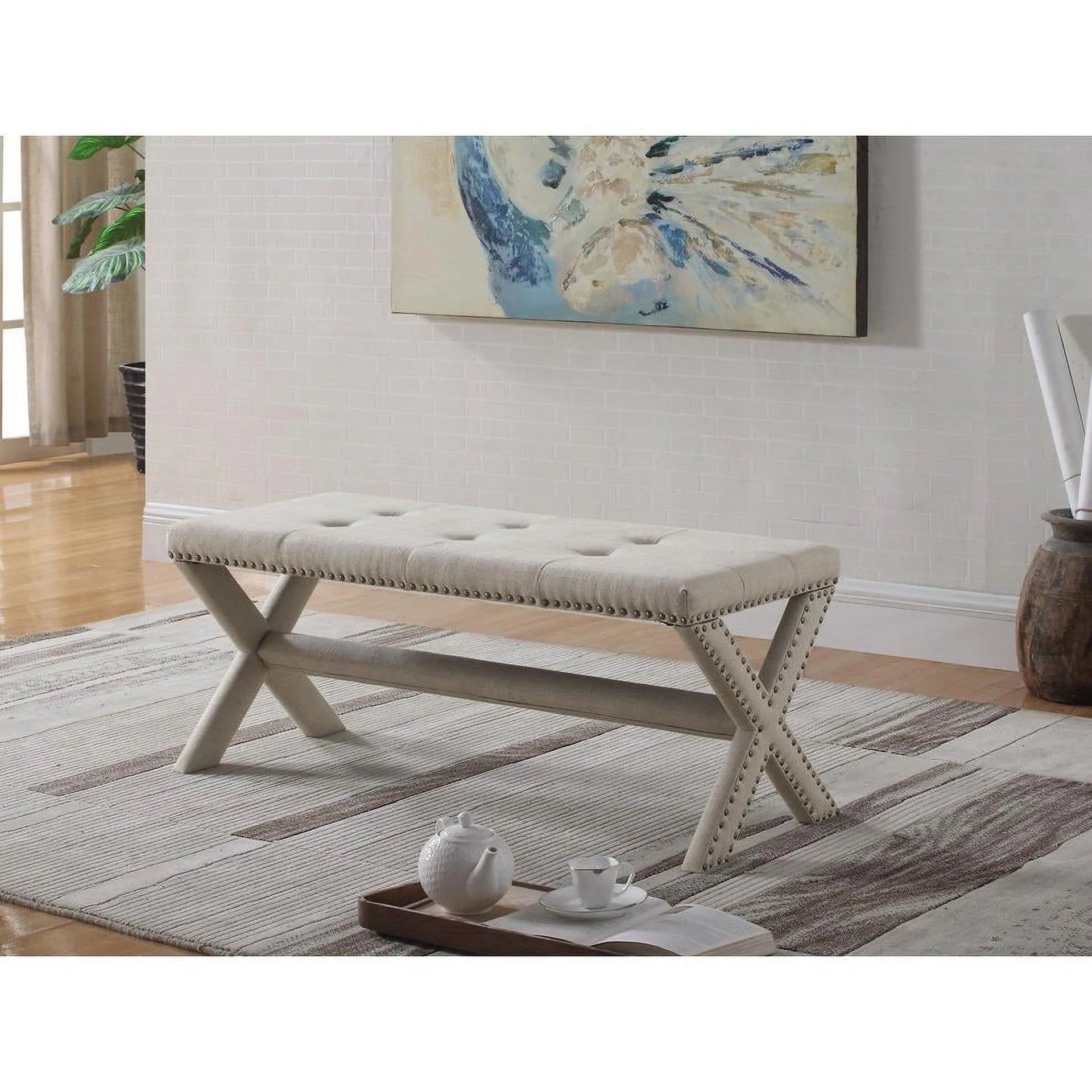Glam Accent Bench with Nailhead Trim, Tufted Seat, Upholstered Bedroom Side Bench, Natural