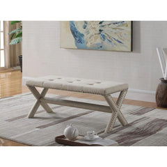Glam Accent Bench with Nailhead Trim, Tufted Seat, Upholstered Bedroom Side Bench, Natural