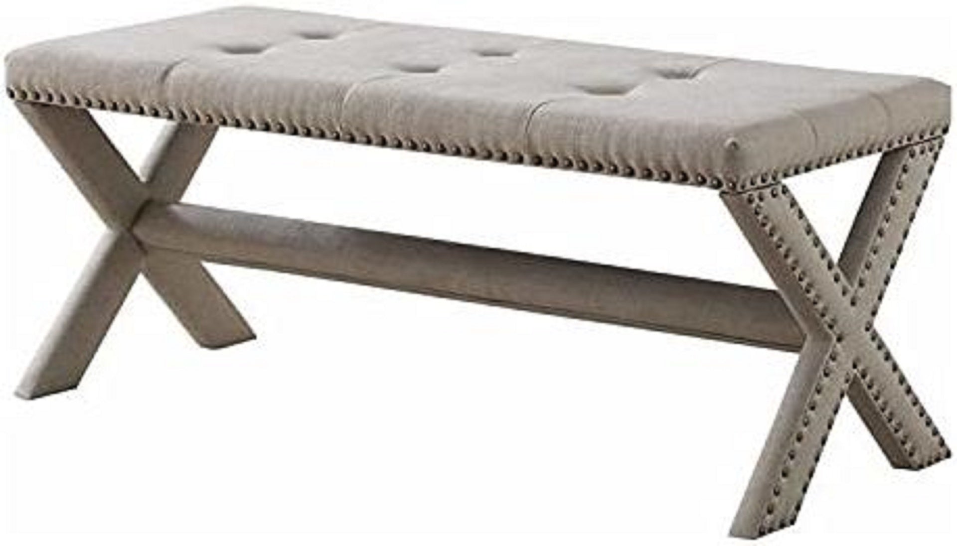 Glam Accent Bench with Nailhead Trim, Tufted Seat, Upholstered Bedroom Side Bench, Natural