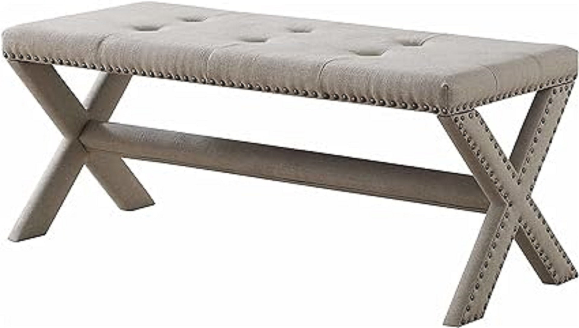Glam Accent Bench with Nailhead Trim, Tufted Seat, Upholstered Bedroom Side Bench, Natural