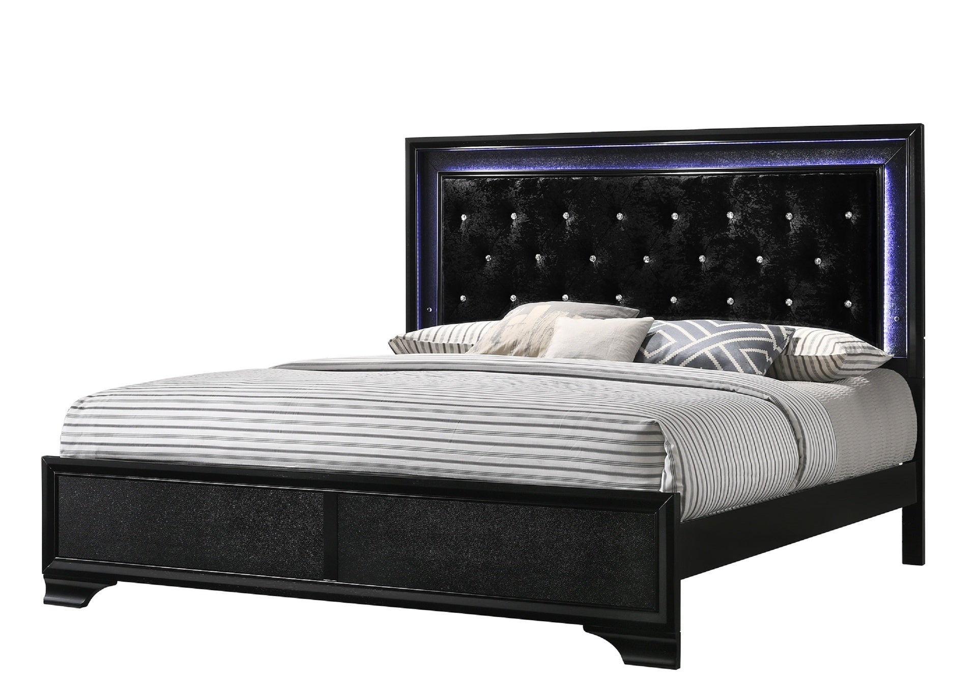Modern Black Finish Upholstered 1pc King Size LED Panel Bed Faux Diamond Tufted Bedroom Furniture