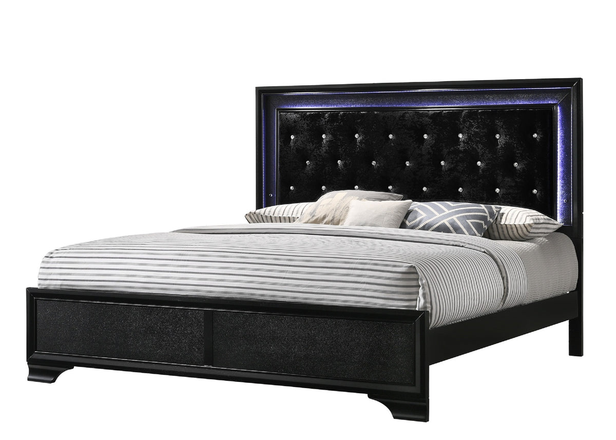 Modern Black Finish Upholstered 1pc King Size LED Panel Bed Faux Diamond Tufted Bedroom Furniture