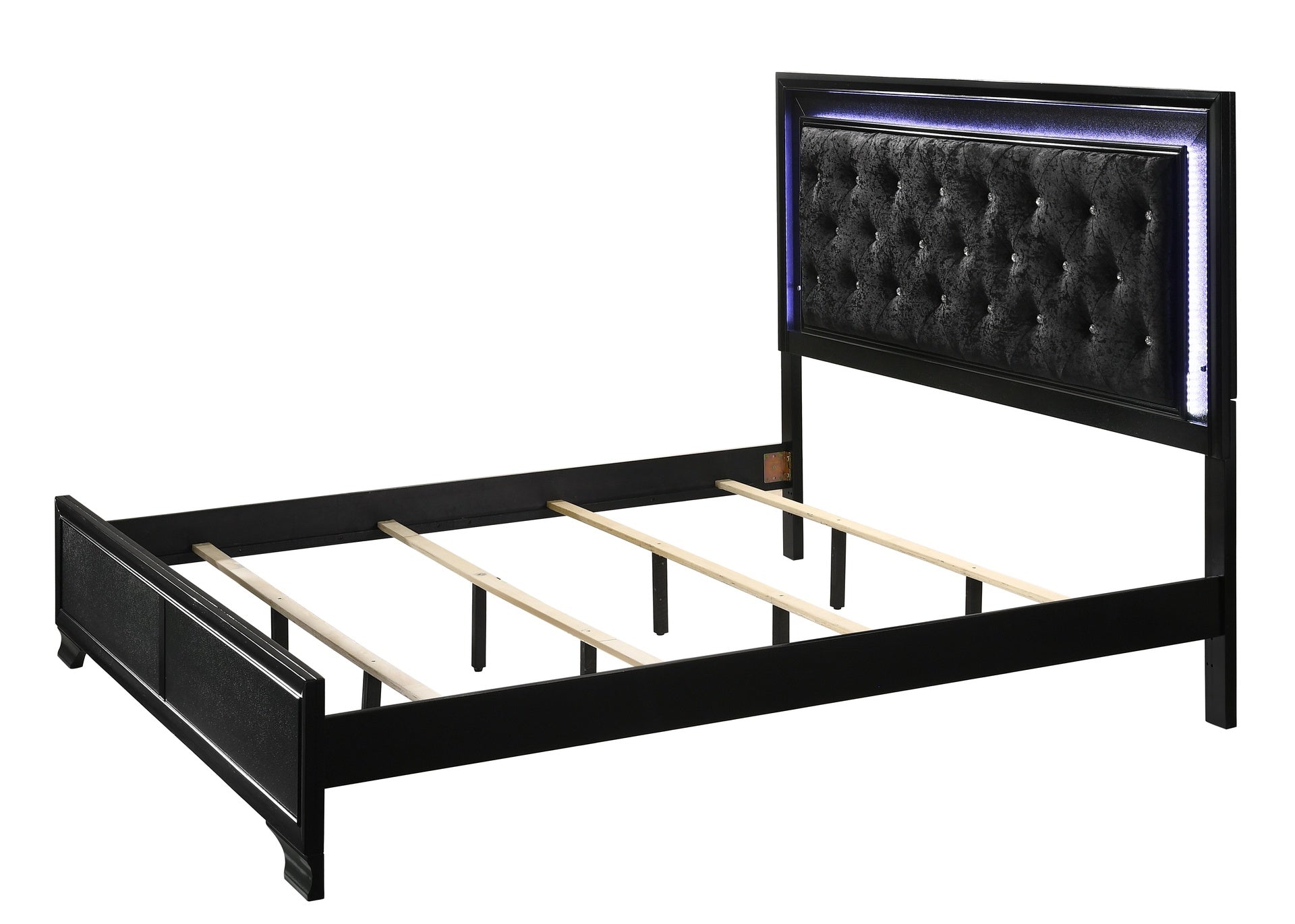 Modern Black Finish Upholstered 1pc King Size LED Panel Bed Faux Diamond Tufted Bedroom Furniture