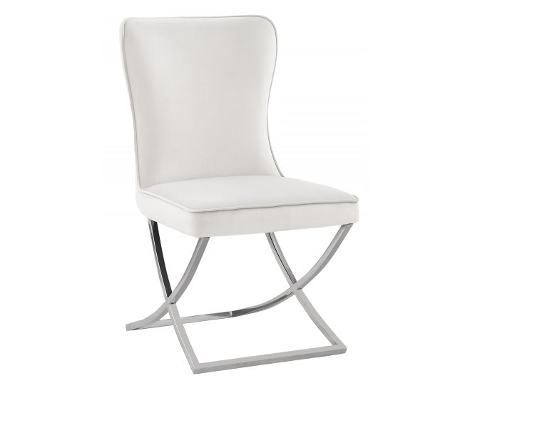 Modern Velvet Dining Chair Set of 2, Tufted Back Design, Silver Plated Metal Legs, Beige