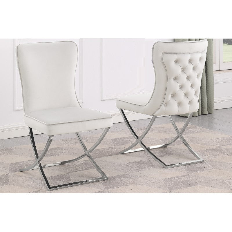 Modern Velvet Dining Chair Set of 2, Tufted Back Design, Silver Plated Metal Legs, Beige