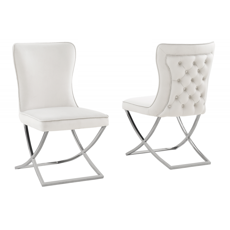 Modern Velvet Dining Chair Set of 2, Tufted Back Design, Silver Plated Metal Legs, Beige