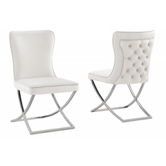 Modern Velvet Dining Chair Set of 2, Tufted Back Design, Silver Plated Metal Legs, Beige