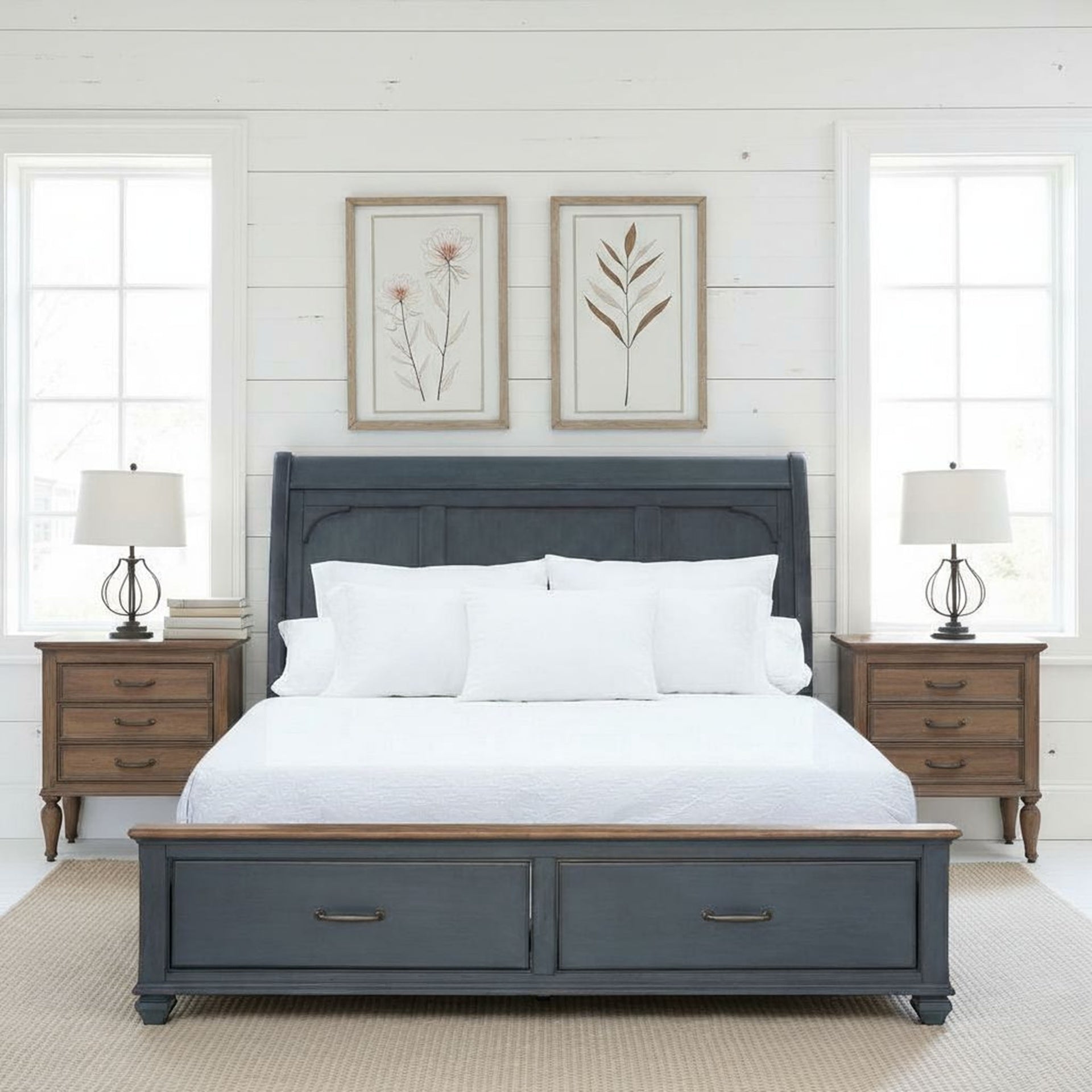 King Size Sleigh Bed, Corduroy Blue Finish