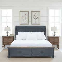 King Size Sleigh Bed, Corduroy Blue Finish