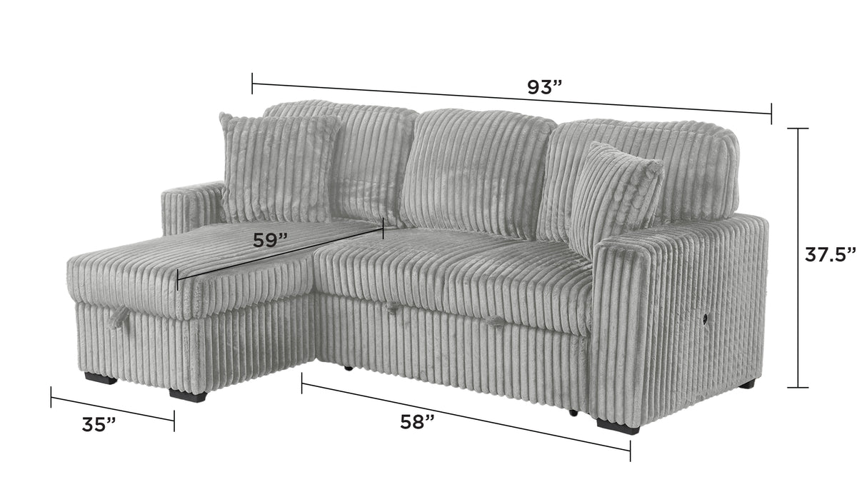 Plush Sectional Sofa W/ Pull Out Sleeper made with Velvet fabric- Gray (CA inventory)