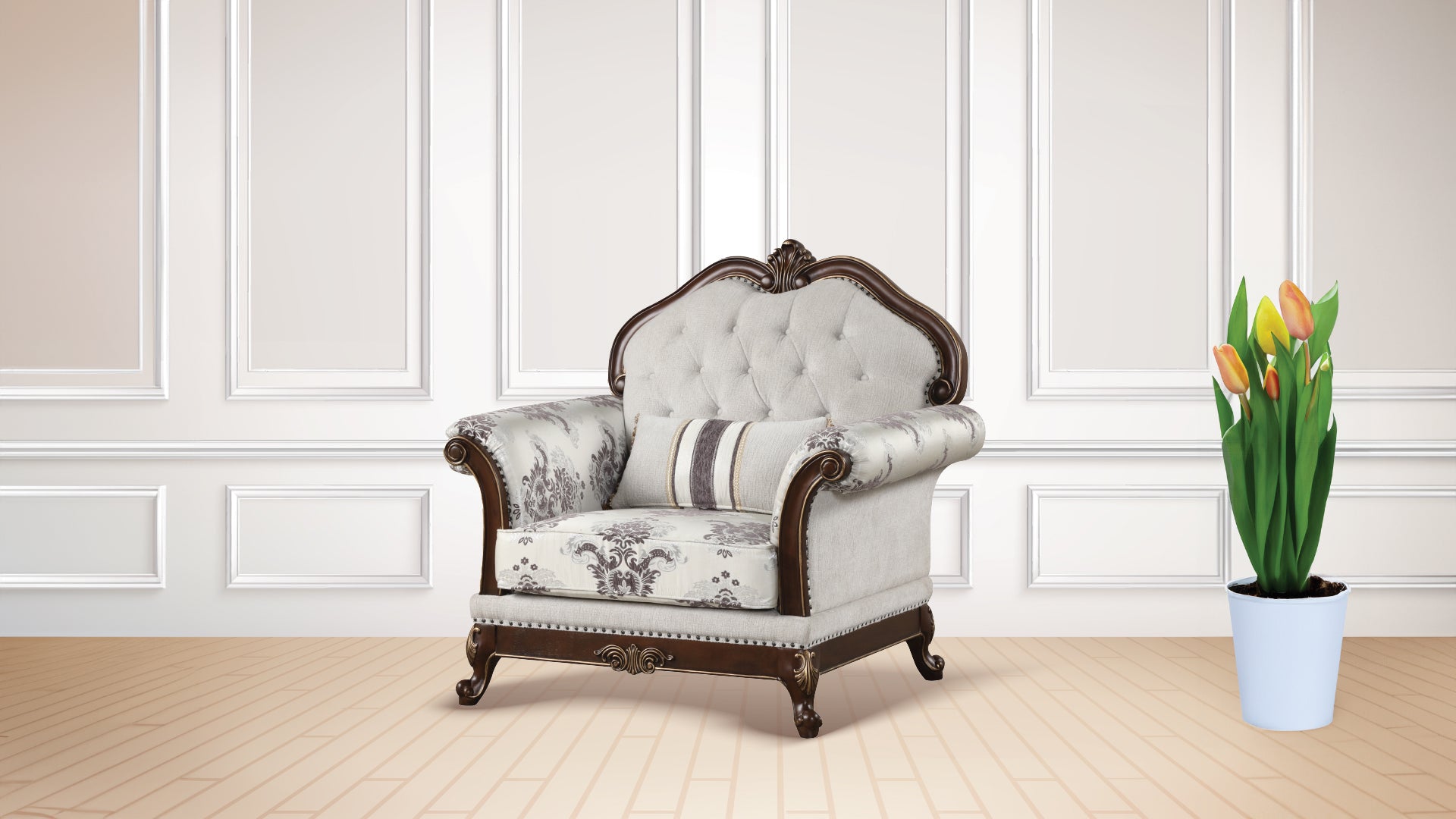 Gloria Traditional Style 5PC button tufted Living Room Set in Ivory