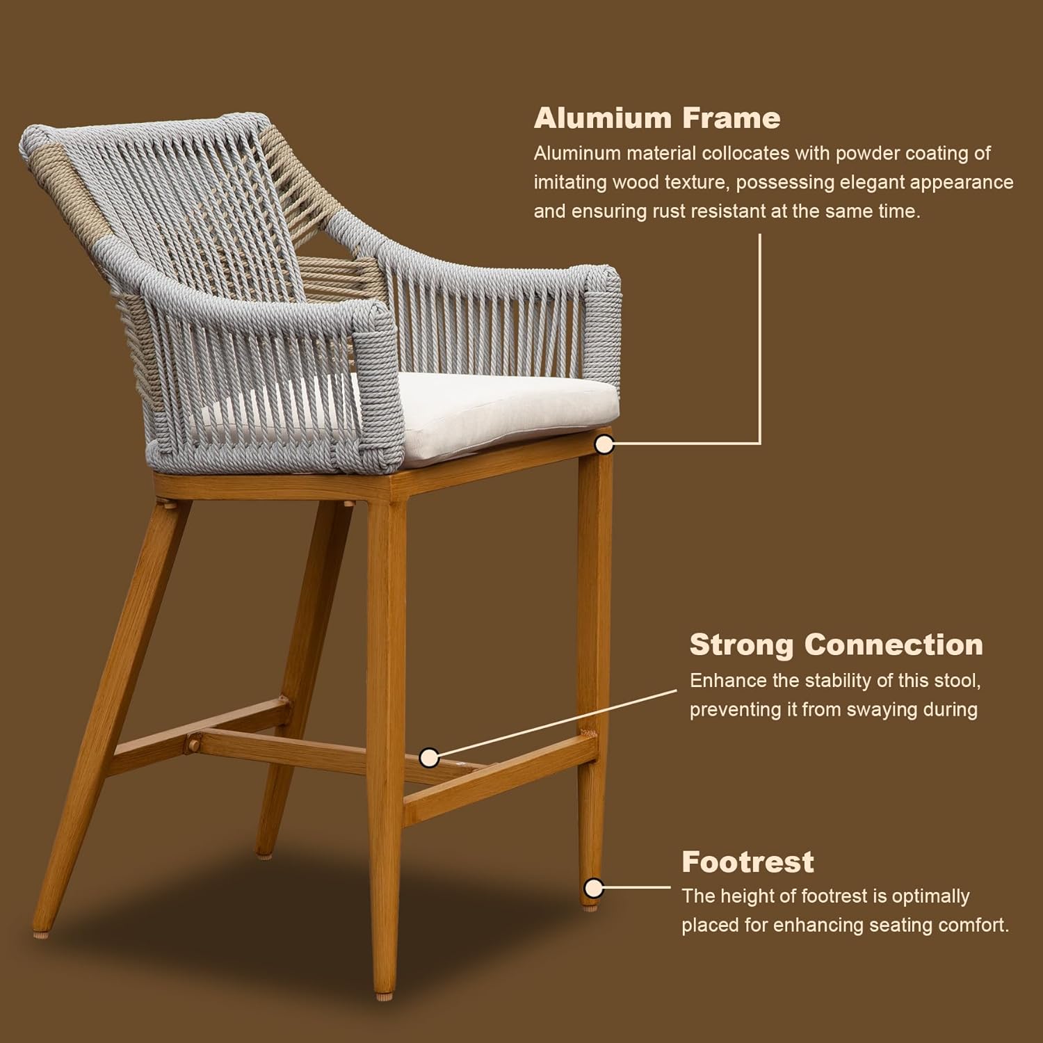Bar Stools Set of 2, Outdoor Counter Height Bar Chairs with Arm and Backrest, Aluminum Tall Bar stools with Cushion Modern Textilene Rope Boho Barstools for Garden, Pool, Patio, Kitchen-Square Backres