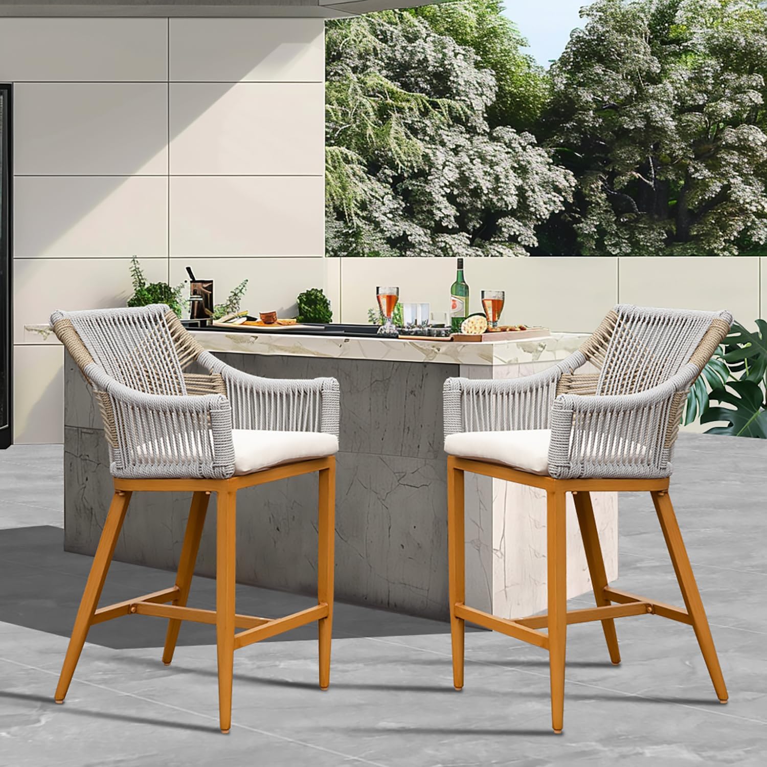 Bar Stools Set of 2, Outdoor Counter Height Bar Chairs with Arm and Backrest, Aluminum Tall Bar stools with Cushion Modern Textilene Rope Boho Barstools for Garden, Pool, Patio, Kitchen-Square Backres