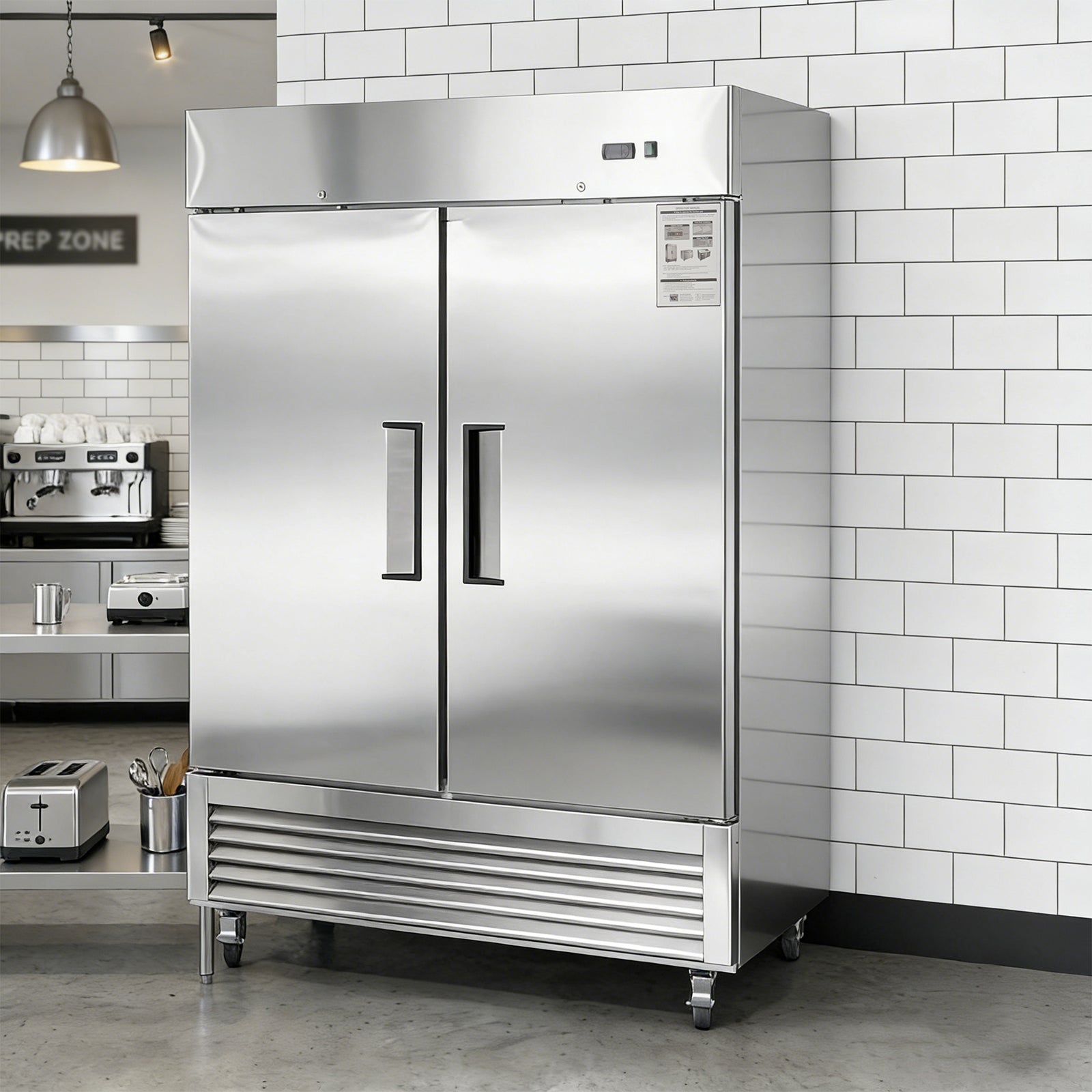 54"W Commercial Refrigerator 2 Section 2 Solid Door Stainless Steel Interior and Exterior Reach-in Refrigerator 42.2 Cu.ft. Upright Fan Cooling Refrigerator for Restaurants and Commercial Environments