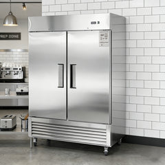 54"W Commercial Refrigerator 2 Section 2 Solid Door Stainless Steel Interior and Exterior Reach-in Refrigerator 42.2 Cu.ft. Upright Fan Cooling Refrigerator for Restaurants and Commercial Environments