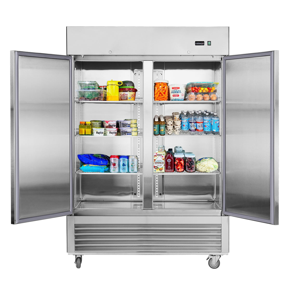 54"W Commercial Refrigerator 2 Section 2 Solid Door Stainless Steel Interior and Exterior Reach-in Refrigerator 42.2 Cu.ft. Upright Fan Cooling Refrigerator for Restaurants and Commercial Environments