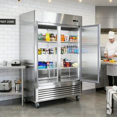 54"W Commercial Refrigerator 2 Section 2 Solid Door Stainless Steel Interior and Exterior Reach-in Refrigerator 42.2 Cu.ft. Upright Fan Cooling Refrigerator for Restaurants and Commercial Environments