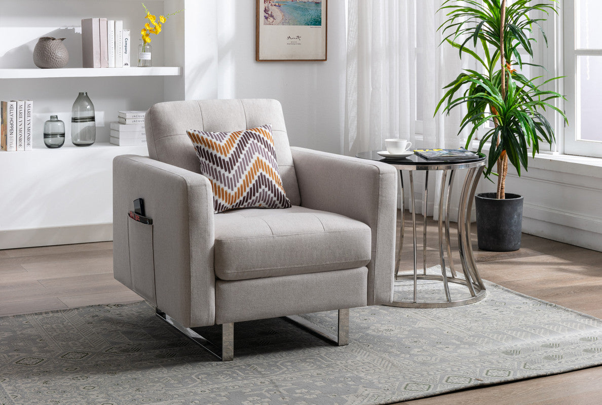 Vittoria 33.5"W Beige Linen Fabric Armchair with Metal Legs, Side Pockets, and Pillow
