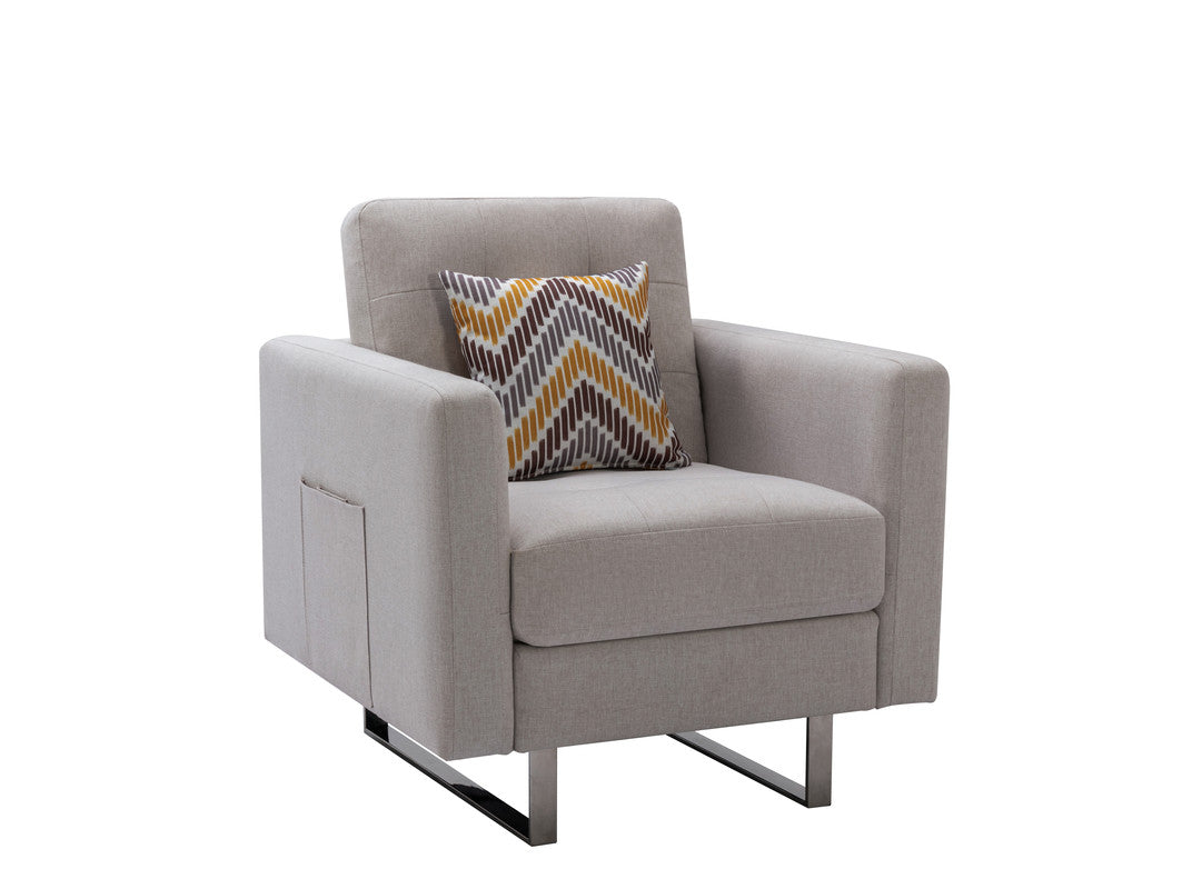 Vittoria 33.5"W Beige Linen Fabric Armchair with Metal Legs, Side Pockets, and Pillow