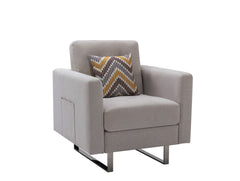 Vittoria 33.5"W Beige Linen Fabric Armchair with Metal Legs, Side Pockets, and Pillow