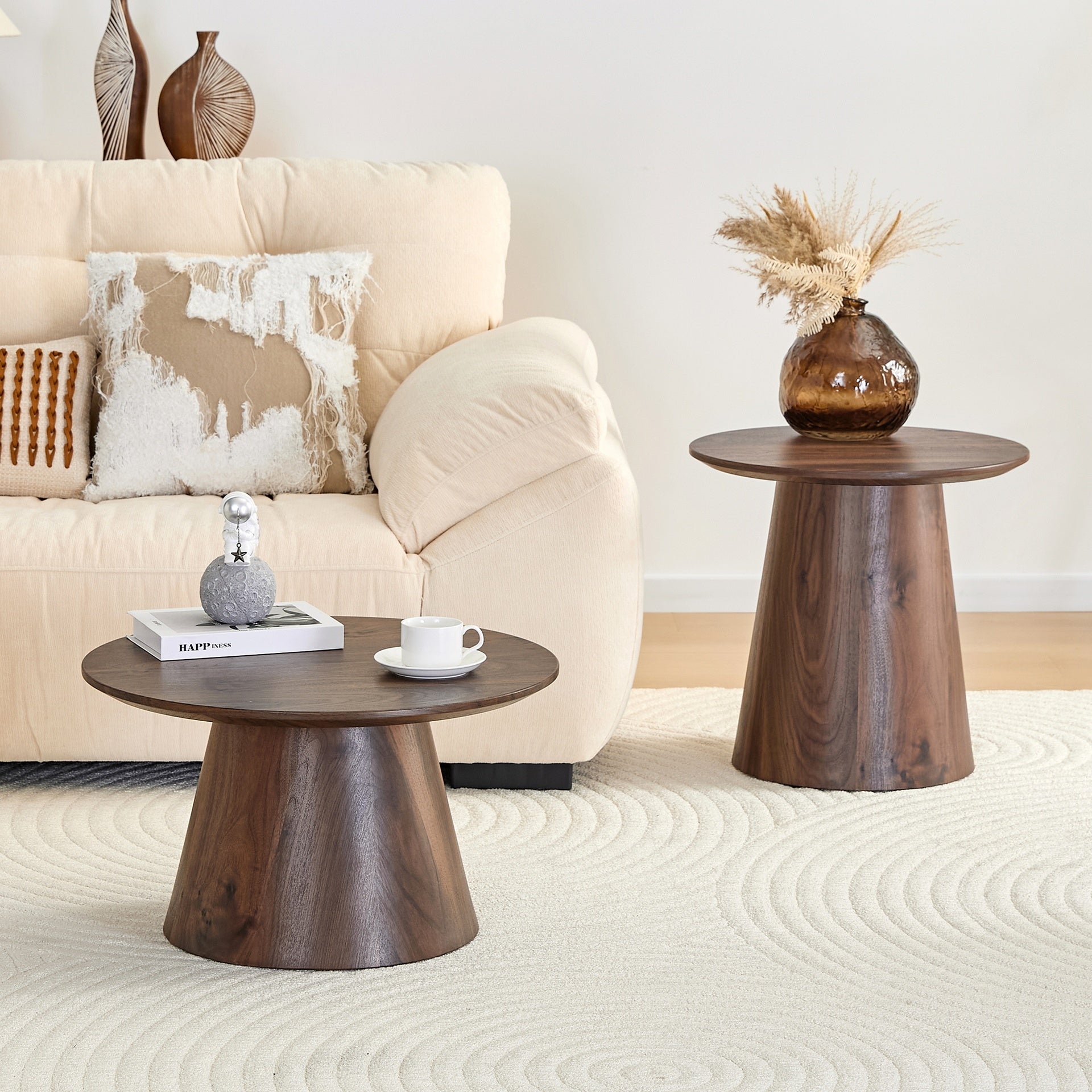 Nested coffee table, medieval-modern style coffee table, featuring walnut wood grain veneer, classic round coffee table and side table set, simple living room, office center table