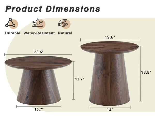 Nested coffee table, medieval-modern style coffee table, featuring walnut wood grain veneer, classic round coffee table and side table set, simple living room, office center table